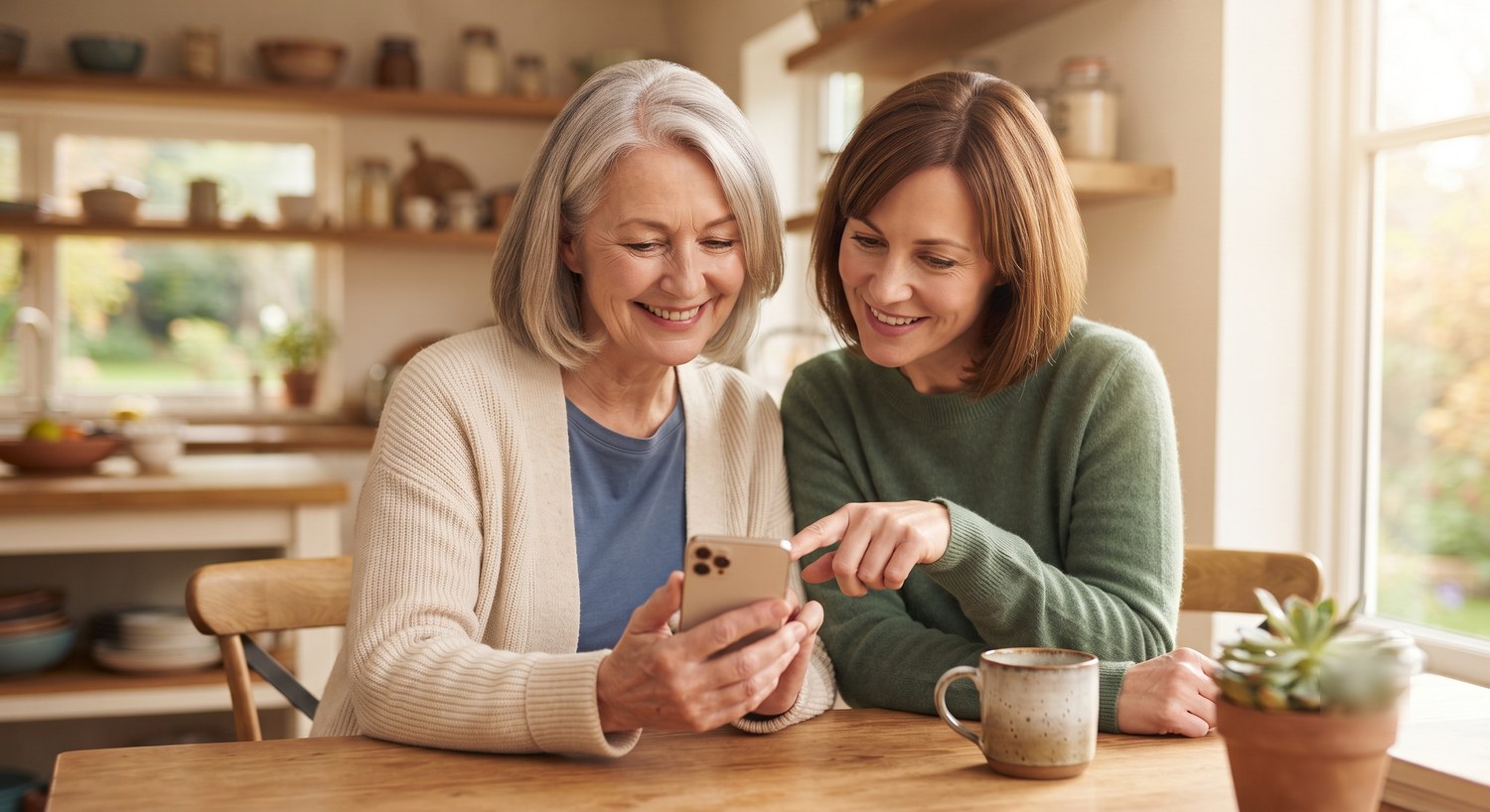 An adult daughter leaning in to help her older mother set up Scam Sentinel on her phone at a sunny kitchen table, both smiling.